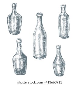Hand drawn set of empty  glass bottles for wine.  Vector sketch.