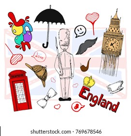 Hand drawn set of England symbols. Vector illustration in sketch style.