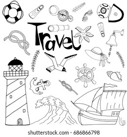 Hand Drawn Set Enjoy Summer Sea Travel. Drawing Cruising Signs. Handwritten Text with Sketch Icons. 
