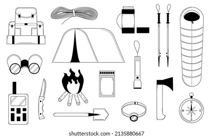 Hand drawn set of equipment for hiking and tourism. Active type of recreation.