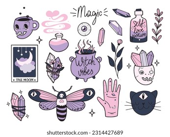 Handgezeichnet mit Esoterie- und Fantasy-Objekten, einzelne Vektorgrafik in farbigem Doodle-Design mit Umriss