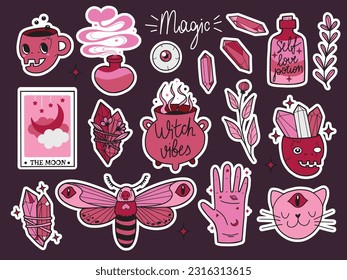 Conjunto dibujado a mano con pegatinas esotéricas y de fantasía en lata, ilustración vectorial aislada en diseño de doodle de color con contorno sobre un fondo oscuro