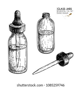 Hand drawn set of essential oils. Vector vintage mock up. Medicinal essence in glass dropper bottle. Engraved art. Good for cosmetics, medicine, treating, aromatherapy, package design health care.