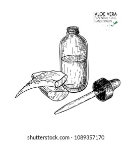 Hand drawn set of essential oils. Vector eloe vera serum. Medicinal herb with glass dropper bottle. Engraved art. Good for cosmetics, medicine, treating, aromatherapy, package design health care.