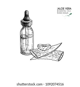 Hand drawn set of essential oils. Vector eloe vera serum. Medicinal herb with glass dropper bottle. Engraved art. Good for cosmetics, medicine, treating, aromatherapy, package design health care.