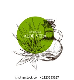 Hand drawn set of essential oils. Vector aloe vera branch. Medicinal herb with glass dropper bottle. Engraved art. Good for cosmetics, medicine, treating, healthcare, package design, moisturizing.