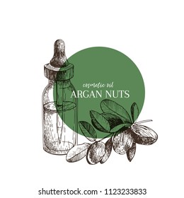 Hand drawn set of essential oils. Vector argan nut. Medicinal herb with glass dropper bottle. Engraved art. Good for cosmetics, medicine, treating, aromatherapy, package design health care.