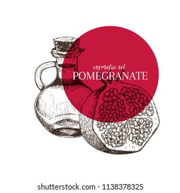 Hand drawn set of essential oils. Vector pomegranate. Medicinal herb with glass dropper bottle. Engraved art. Good for cosmetics, medicine, treating, aromatherapy, package design health care.