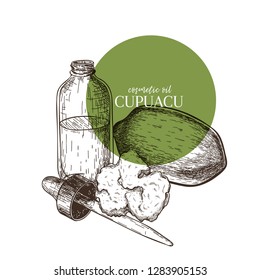 Hand drawn set of essential oils. Vector cupuacu nut butter. Medicinal herb with glass dropper bottle. Engraved art. Good for cosmetics, medicine, treating, aromatherapy, package design health care.