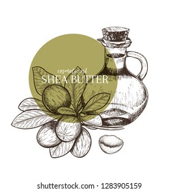 Hand drawn set of essential oils. Vector shea nut butter. Medicinal herb with glass dropper bottle. Engraved art. Good for cosmetics, medicine, treating, aromatherapy, package design health care.