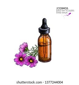 Hand drawn set of essential oils. Vector cosmos flower. Medicinal herb with glass dropper bottle. Engraved colored art. Good for cosmetics, medicine, aromatherapy, package design healthhcare.