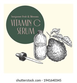 Hand drawn set of essential oils. Vector bergamot fruit. Medicinal herb with glass dropper bottle. Engraved art. Good for cosmetics, medicine, treating, healthcare, package design, moisturizing