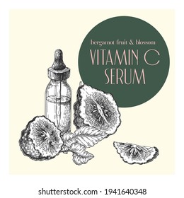 Conjunto de aceites esenciales dibujado a mano. Fruta vectorial bergamot. Hierba medicinal con frasco de gotas de vidrio. Arte grabado. Bien por cosméticos, medicina, tratamiento, salud, diseño de paquetes, hidratación