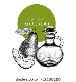 Hand drawn set of essential oils. Vector avocado slices. Medicinal plant with glass dropper bottle. Engraved art. Good for cosmetics, medicine, treating, aromatherapy, package design healthcare