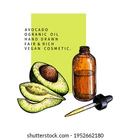 Conjunto de aceites esenciales dibujado a mano. Rasgos de aguacate vectorial. Planta medicinal con frasco de gotas de vidrio. Arte de color grabado para cosméticos, medicina, tratamiento, aromaterapia, diseño de paquetes de asistencia sanitaria