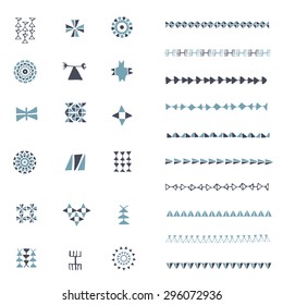 Hand drawn set of ethnic design symbols and pattern brushes made in vector. Geometric  decor elements, labels, badges. Trendy backgrounds and logotypes.Hipster design. Isolated.