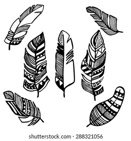 Hand drawn set of ethnic feathers