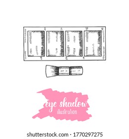 Conjunto dibujado a mano de sombra ocular y brocha de maquillaje en estilo de esbozo. Cosméticos de grabado de Doodle. Ilustración de maquillaje de vectores con grabado a mano