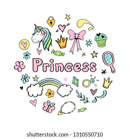 Hand drawn set of fairy tale and magic princess elements: crown, pony, star, tiara, mirror. Cut isolated vector illustration for girl themes design. Doodle sketch style element drawn by brush-pen.