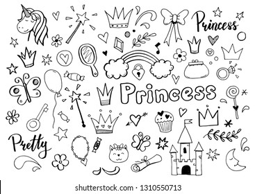 Hand drawn set of fairy tale and magic princess elements: crown, pony, star, tiara, mirror. Cut isolated vector illustration for girl themes design. Doodle sketch style element drawn by brush-pen.