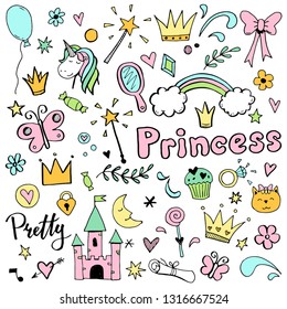 Hand drawn set of fairy tale and magic princess elements: crown, pony, star, tiara, mirror. Cut isolated vector illustration for girl themes design. Doodle sketch style element drawn by brush-pen.