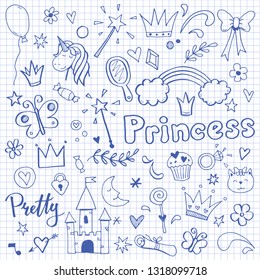 Hand drawn set of fairy tale and magic princess elements: crown, pony, star, tiara, mirror. Cut isolated vector illustration for girl themes design. Doodle sketch style element drawn by brush-pen.