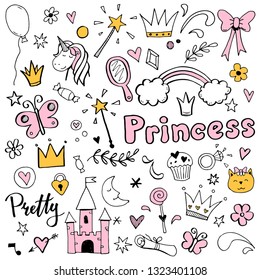 Hand drawn set of fairy tale and magic princess elements: crown, pony, star, tiara, mirror. Cut isolated vector illustration for girl themes design. Doodle sketch style element drawn by brush-pen.