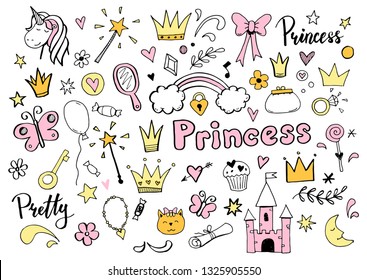 Hand drawn set of fairy tale and magic princess elements: crown, pony, star, tiara, mirror. Cut isolated vector illustration for girl themes design. Doodle sketch style element drawn by brush-pen.