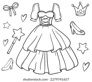 Hand drawn set of fairy tale and magic princess elements: crown, star, tiara, dress, heart. Cut isolated vector illustration for girl themes design. Doodle sketch style element drawn by brush-pen.