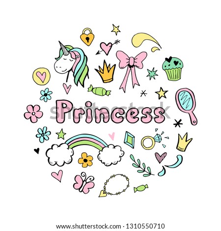 Hand drawn set of fairy tale and magic princess elements: crown, pony, star, tiara, mirror. Cut isolated vector illustration for girl themes design. Doodle sketch style element drawn by brush-pen.