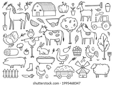 Hand drawn set farm animal, horse, cow, farmer food. Doodle sketch style. Agriculture life background, icon. Isolated vector illustration.