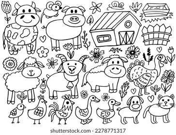 Animales de granja dibujados a mano, caballos, vacas, flores. Estilo de dibujo de Doodle. Fondo de vida agrícola, icono. Ilustración vectorial aislada.