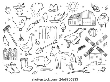 Hand drawn set farm animal, horse, cow, flowers. Doodle sketch style. Agriculture life background, icon. Isolated vector illustration.