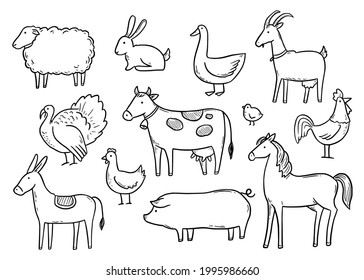 Hand drawn set farm domestic animal, horse, cow, bird. Doodle sketch style. Pork, fowl meat, farm food background, icon. Isolated vector illustration.
