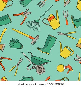 Hand drawn set of farming tools. Doodle background vector. Sketch objects collection colorful. Garden tools isolated
