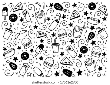 Hand drawn set of fast food elements, burger, pizza, sandwich, hamburger, snack. Comic doodle sketch style. Fast food element drawn by digital brush-pen. Vector illustration for icon, menu, frame