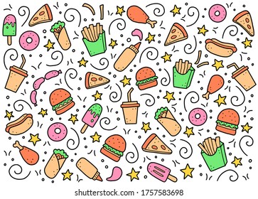 Hand drawn set of fast food elements, burger, pizza, sandwich, hamburger, snack. Comic doodle sketch style. Fast food element drawn by digital brush-pen. Vector illustration for icon, menu, frame