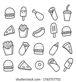 Hand drawn set of fast food elements, burger, pizza, sandwich, hamburger, snack. Comic doodle sketch style. Fast food element drawn by digital brush-pen. Vector illustration for icon, menu, frame