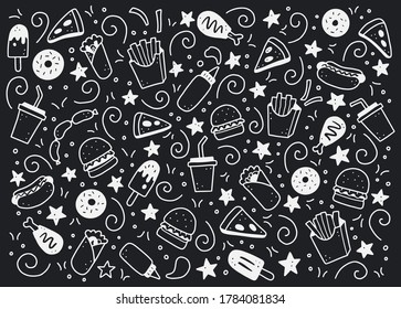 Hand drawn set of fast food elements, burger, pizza, sandwich, hamburger, snack. Comic doodle sketch style. Fast food element drawn by digital brush-pen. Vector illustration for icon, menu, frame