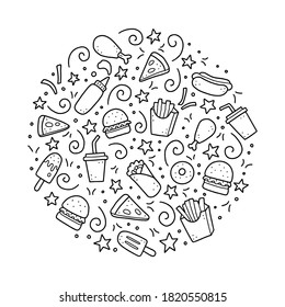 Hand drawn set of fast food elements, burger, pizza, sandwich, hamburger, snack. Comic doodle sketch style. Fast food element drawn by digital brush-pen. Vector illustration for icon, menu, frame
