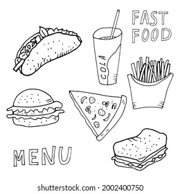 Hand drawn set with fast food. Vector illustration in the style of a sketch. Fast food restaurant and fast food menu.