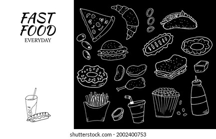 Hand drawn set with fast food. Vector illustration in the style of a sketch. Fast food restaurant and fast food menu.