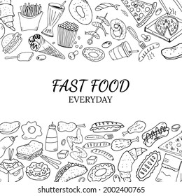 Hand drawn set with fast food. Vector illustration in the style of a sketch. Fast food restaurant and fast food menu.