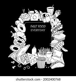 Hand drawn set with fast food. Vector illustration in the style of a sketch. Fast food restaurant and fast food menu.