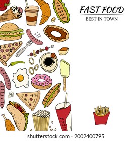 Hand drawn set with fast food. Vector illustration in the style of a sketch. Fast food restaurant and fast food menu.