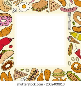 Hand drawn set with fast food. Vector illustration in the style of a sketch. Fast food restaurant and fast food menu.
