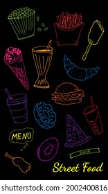 Hand drawn set with fast food. Vector illustration in the style of a sketch. Fast food restaurant and fast food menu.