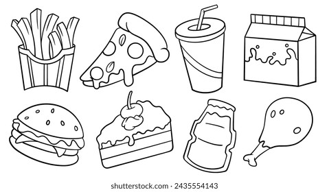 Hand drawn set of Fast Food doodle. Vector illustration isolated on white background.