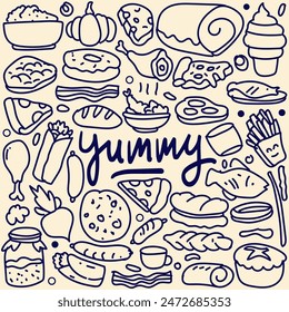 Hand drawn set of fast food doodles.