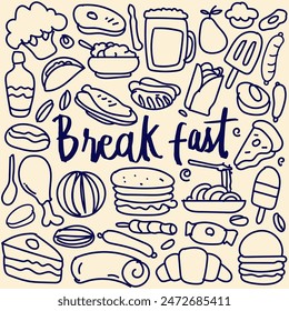 Hand drawn set of fast food doodles.